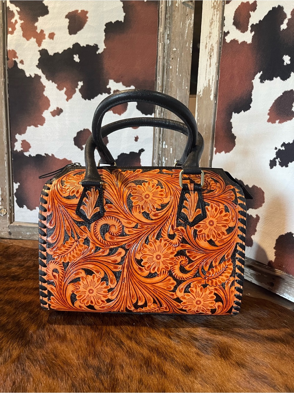 Tan Tooled Leather Satchel Handbag with Black Trim